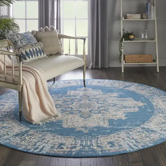 8' Blue Round Damask Power Loom Area Rug Photo 8
