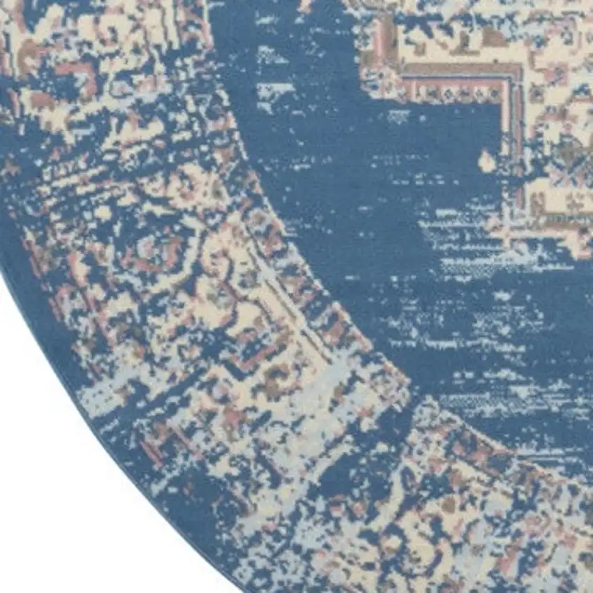 8' Blue Round Damask Power Loom Area Rug Photo 6