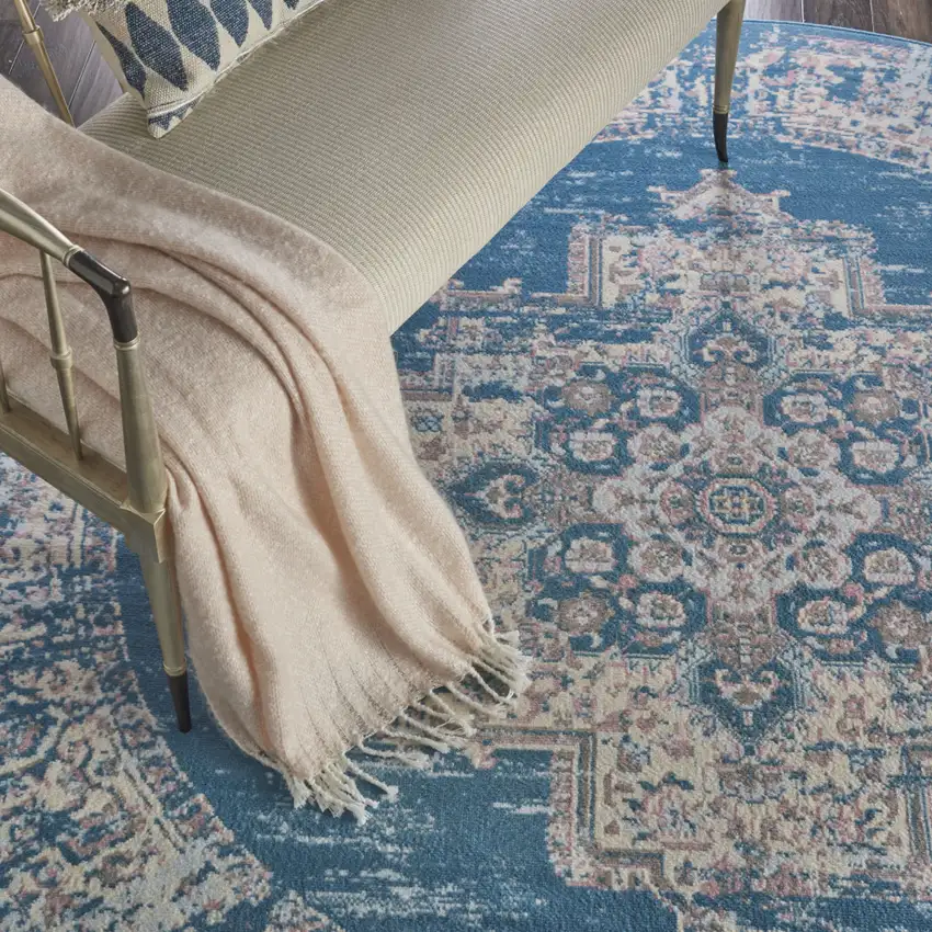 8' Blue Round Damask Power Loom Area Rug Photo 9