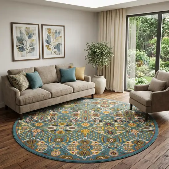 8' Blue Round Floral Power Loom Area Rug Photo 1