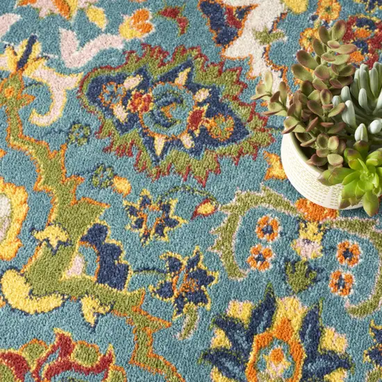 8' Blue Round Floral Power Loom Area Rug Photo 9