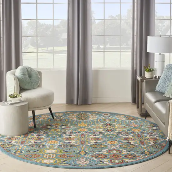 8' Blue Round Floral Power Loom Area Rug Photo 6