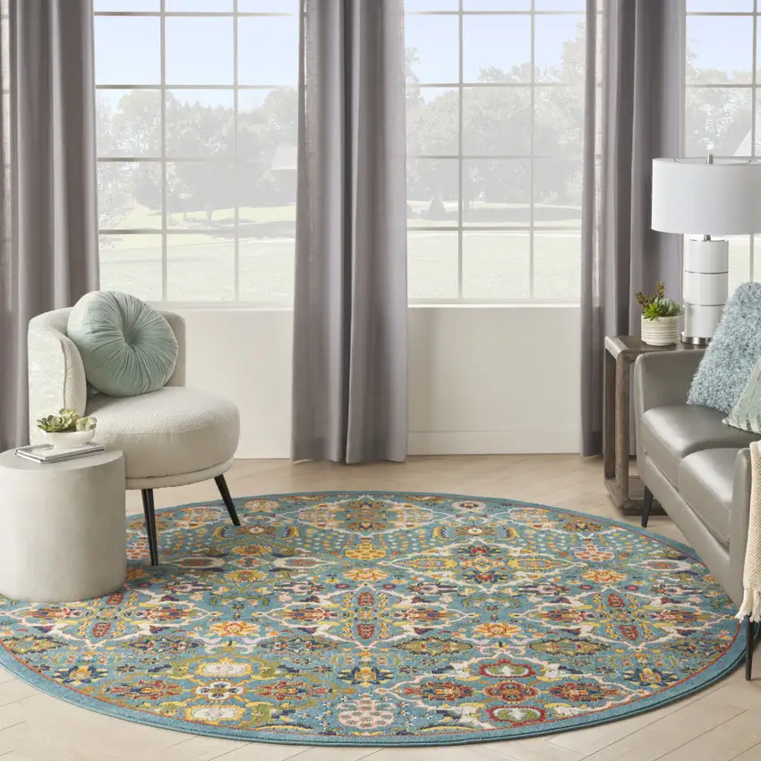 8' Blue Round Floral Power Loom Area Rug Photo 6