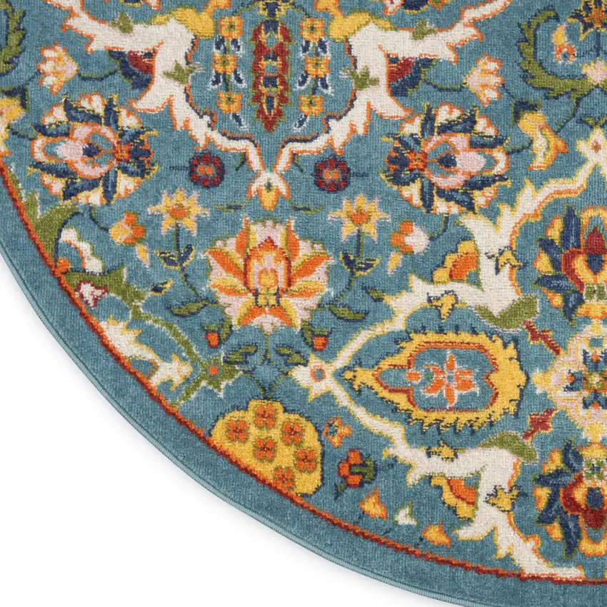 8' Blue Round Floral Power Loom Area Rug Photo 8