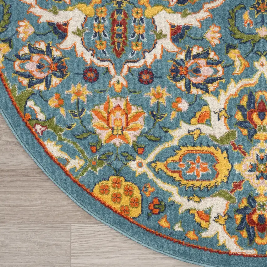 8' Blue Round Floral Power Loom Area Rug Photo 3