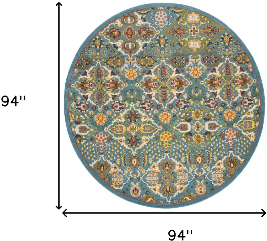 8' Blue Round Floral Power Loom Area Rug Photo 9