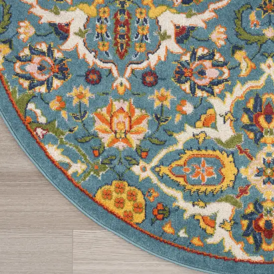 8' Blue Round Floral Power Loom Area Rug Photo 7