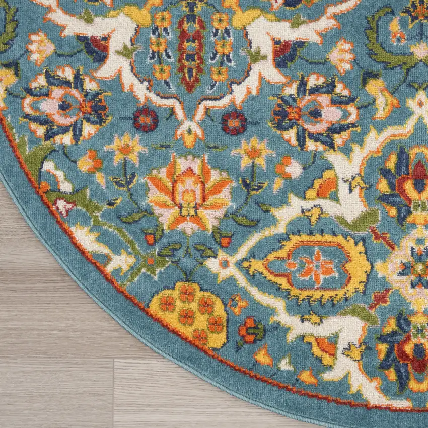 8' Blue Round Floral Power Loom Area Rug Photo 7