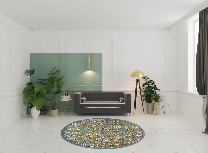 8' Blue Round Floral Power Loom Area Rug Photo 2