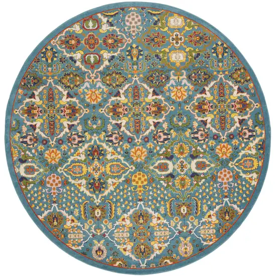 8' Blue Round Floral Power Loom Area Rug Photo 4