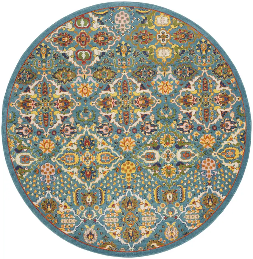 8' Blue Round Floral Power Loom Area Rug Photo 1