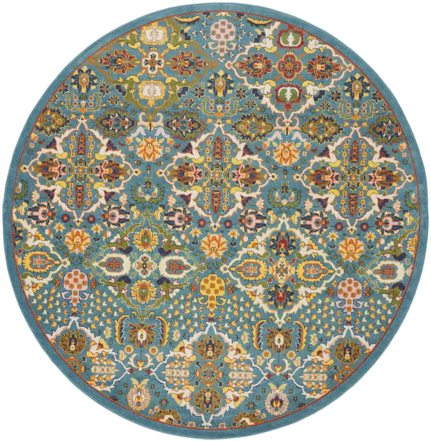 8' Blue Round Floral Power Loom Area Rug Photo 3