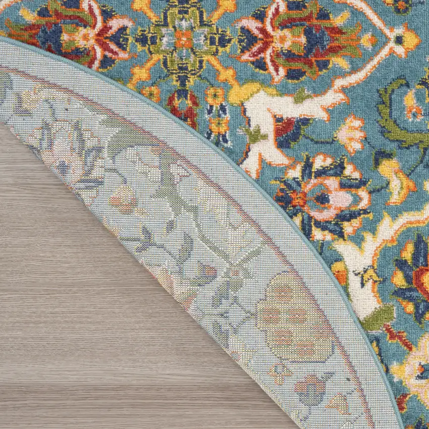 8' Blue Round Floral Power Loom Area Rug Photo 8