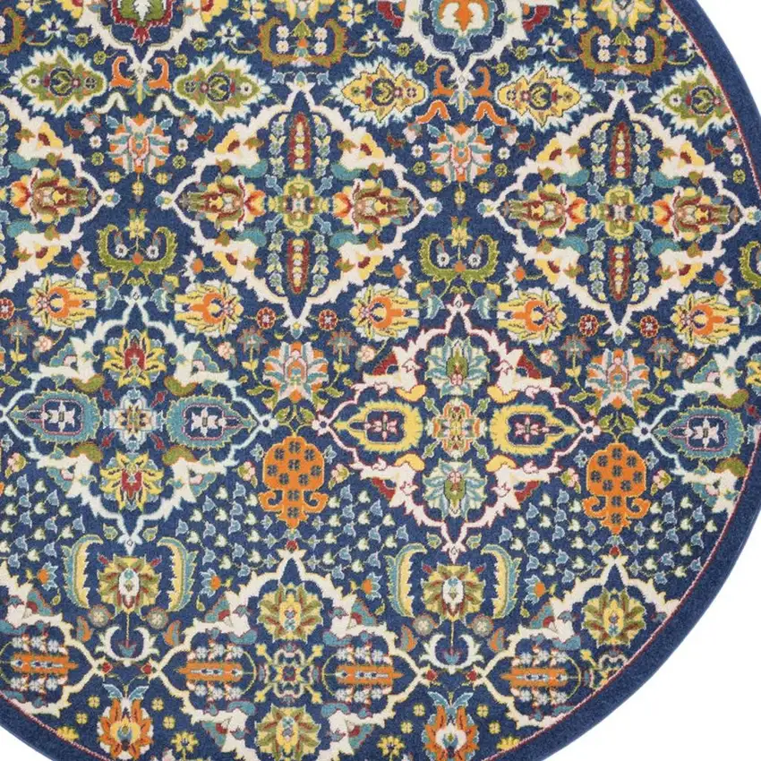 8' Blue Round Floral Power Loom Area Rug Photo 1
