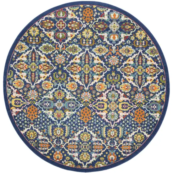 8' Blue Round Floral Power Loom Area Rug Photo 4