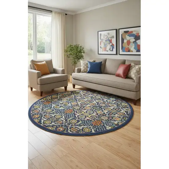 8' Blue Round Floral Power Loom Area Rug Photo 1