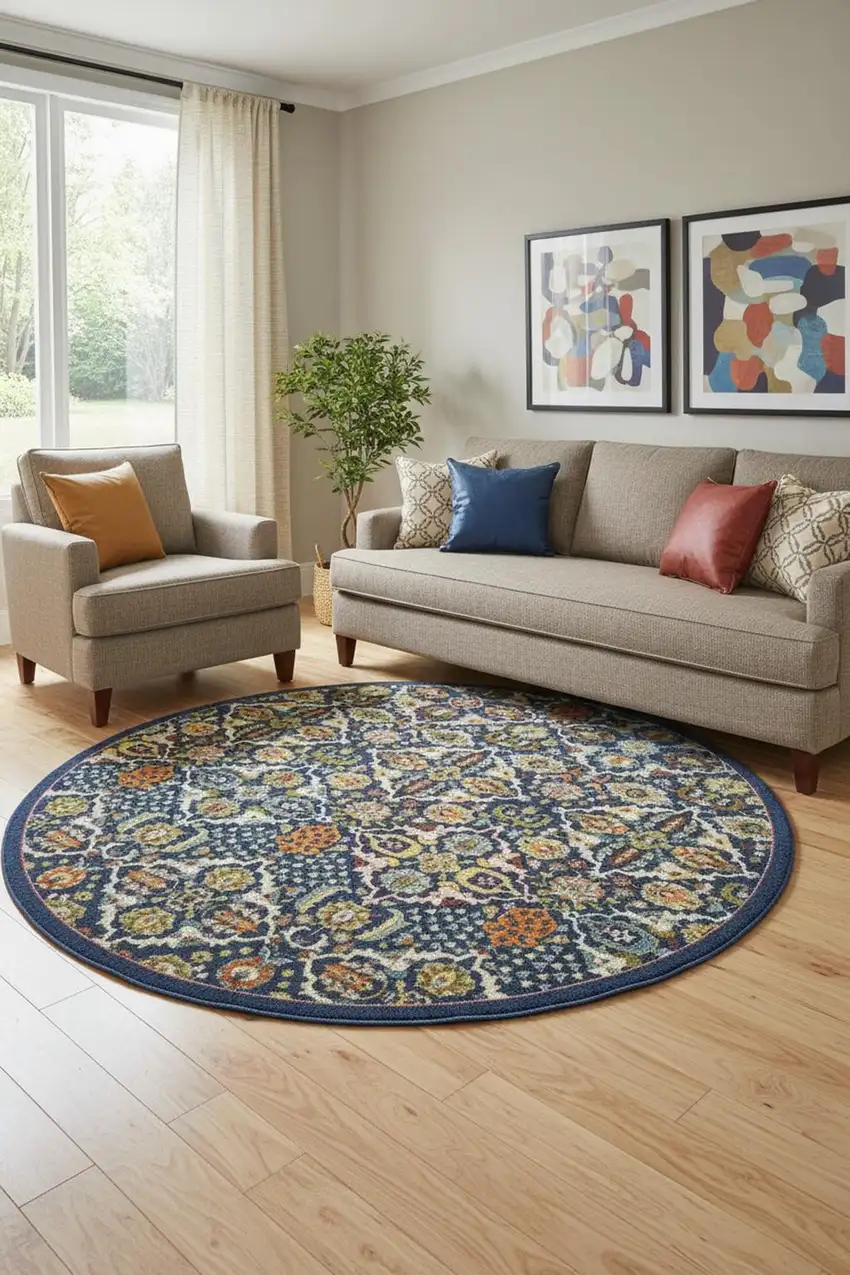 8' Blue Round Floral Power Loom Area Rug Photo 1