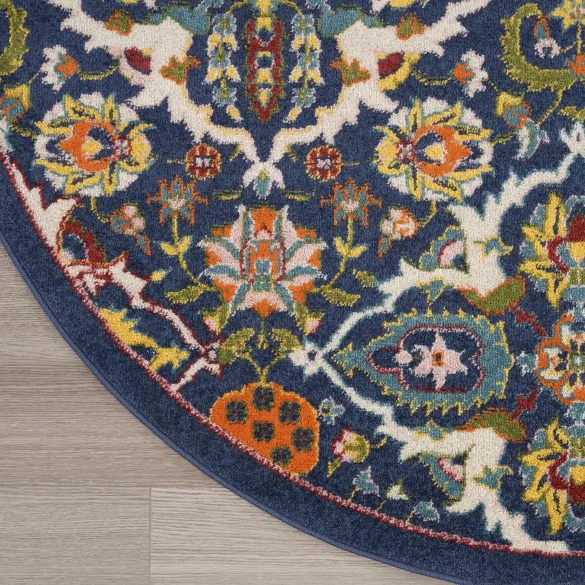 8' Blue Round Floral Power Loom Area Rug Photo 7