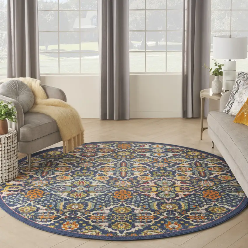 8' Blue Round Floral Power Loom Area Rug Photo 6