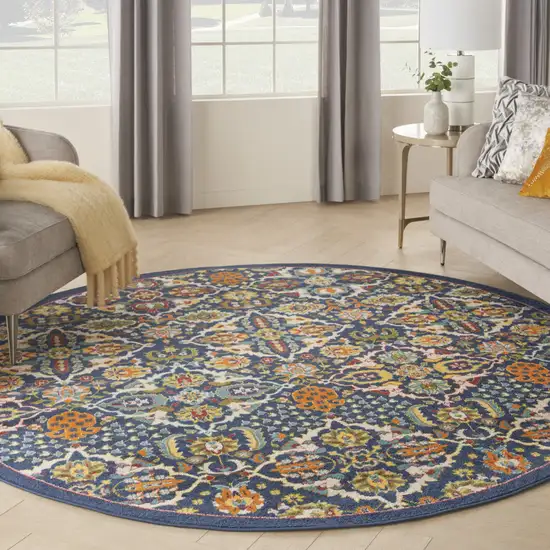 8' Blue Round Floral Power Loom Area Rug Photo 5