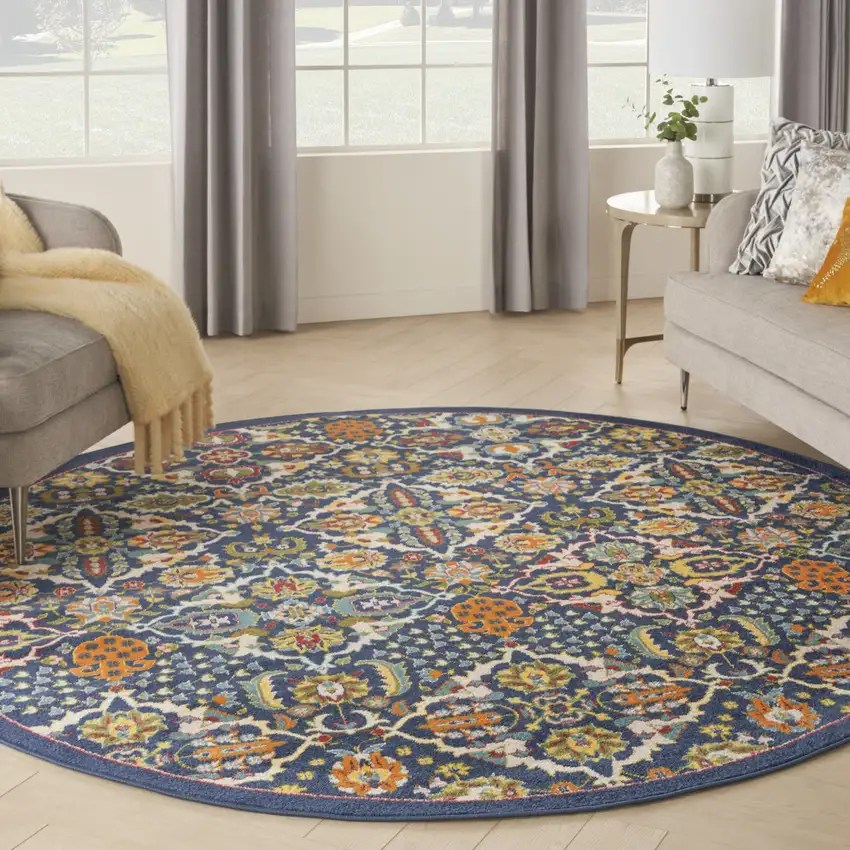 8' Blue Round Floral Power Loom Area Rug Photo 5