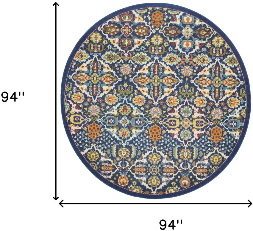 8' Blue Round Floral Power Loom Area Rug Photo 7