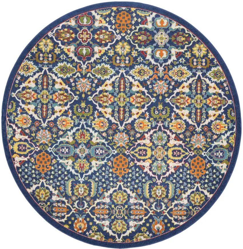 8' Blue Round Floral Power Loom Area Rug Photo 1