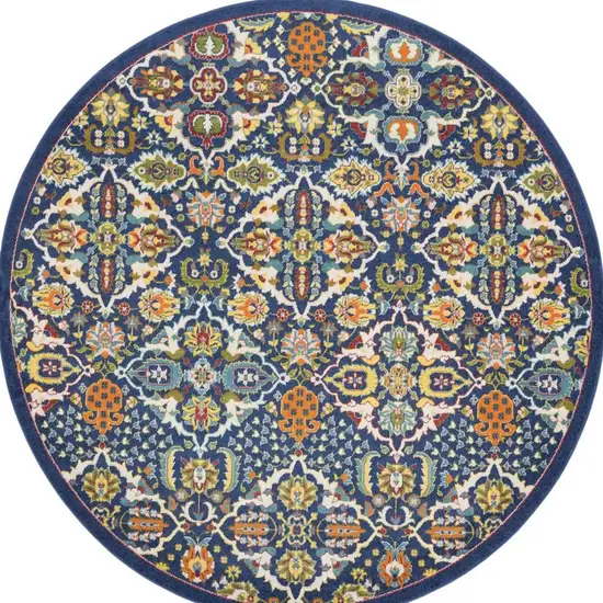 8' Blue Round Floral Power Loom Area Rug Photo 3