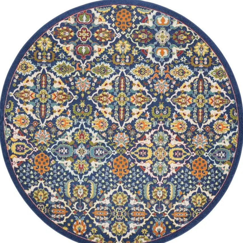 8' Blue Round Floral Power Loom Area Rug Photo 3