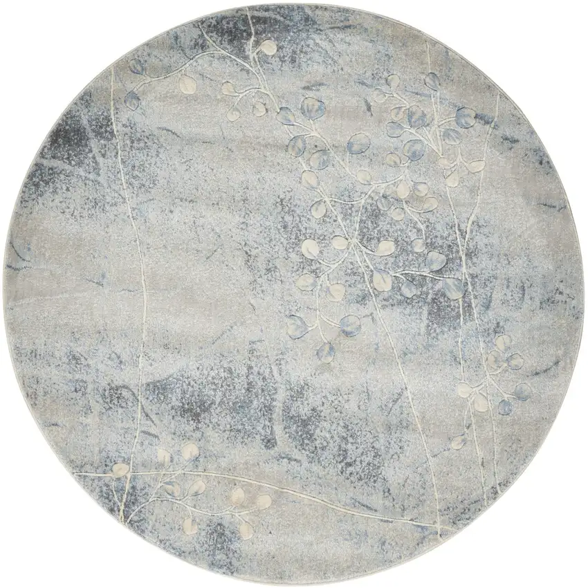 6' Blue Round Floral Power Loom Area Rug Photo 3