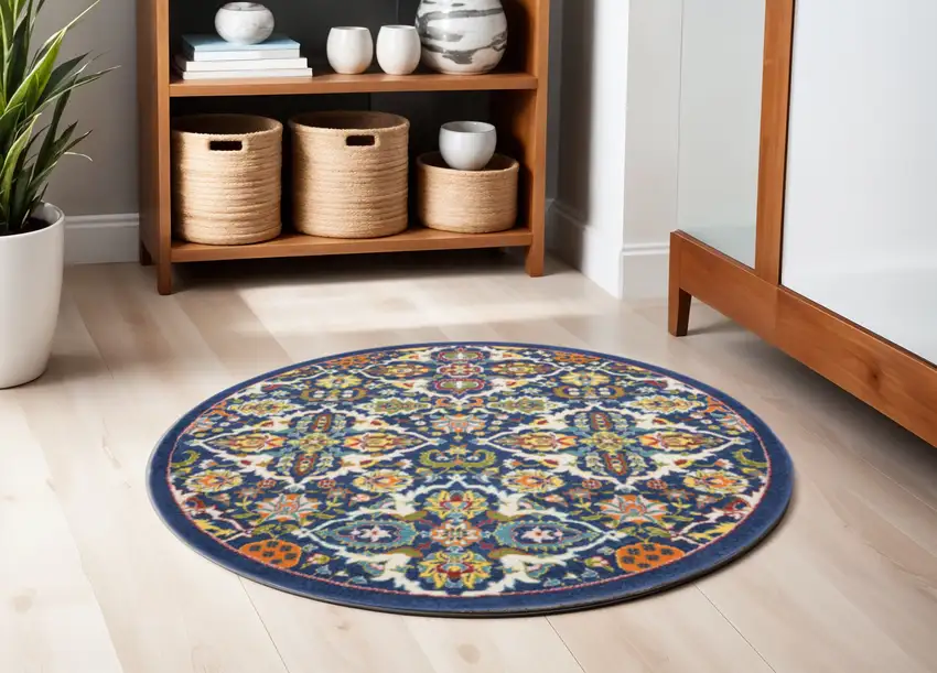 5' Blue Round Floral Power Loom Area Rug Photo 1
