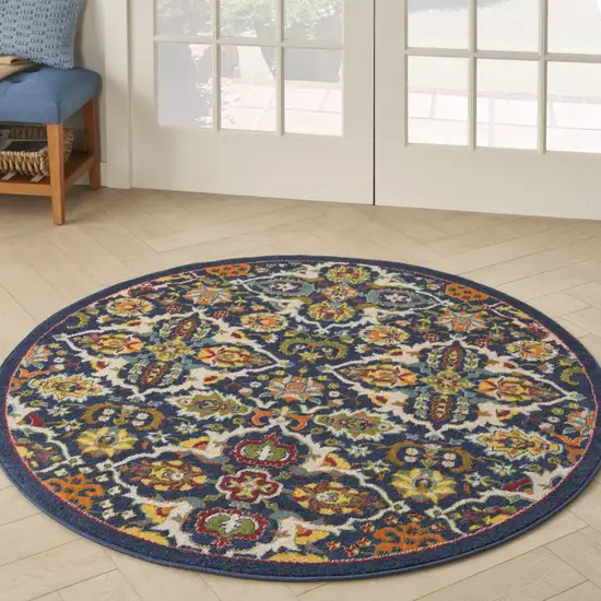 5' Blue Round Floral Power Loom Area Rug Photo 5