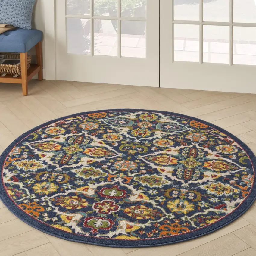 5' Blue Round Floral Power Loom Area Rug Photo 5