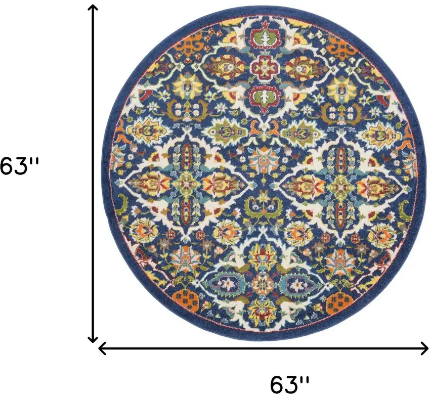 5' Blue Round Floral Power Loom Area Rug Photo 3
