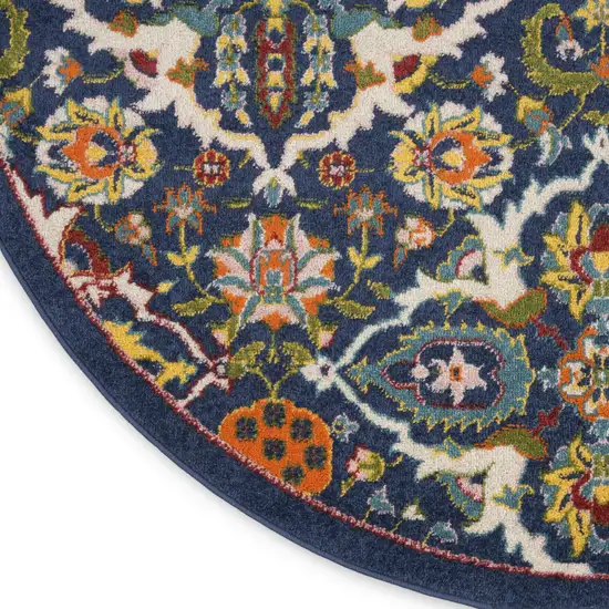 5' Blue Round Floral Power Loom Area Rug Photo 9