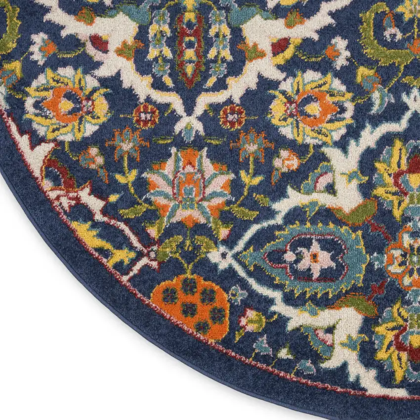 5' Blue Round Floral Power Loom Area Rug Photo 9