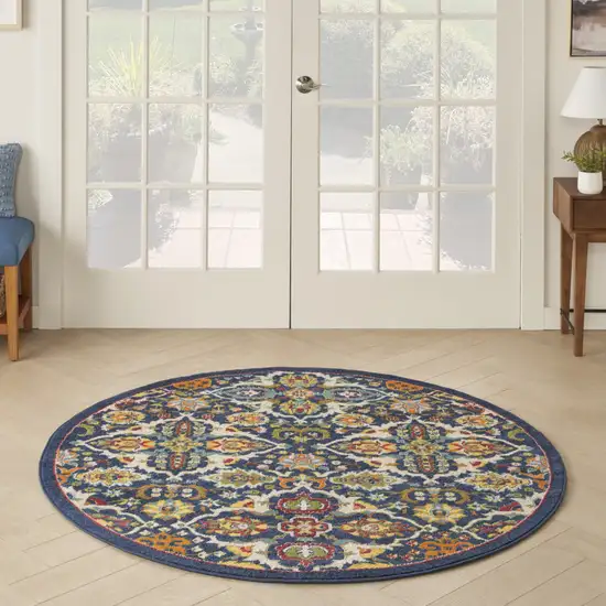 5' Blue Round Floral Power Loom Area Rug Photo 6