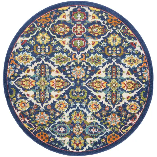 5' Blue Round Floral Power Loom Area Rug Photo 2