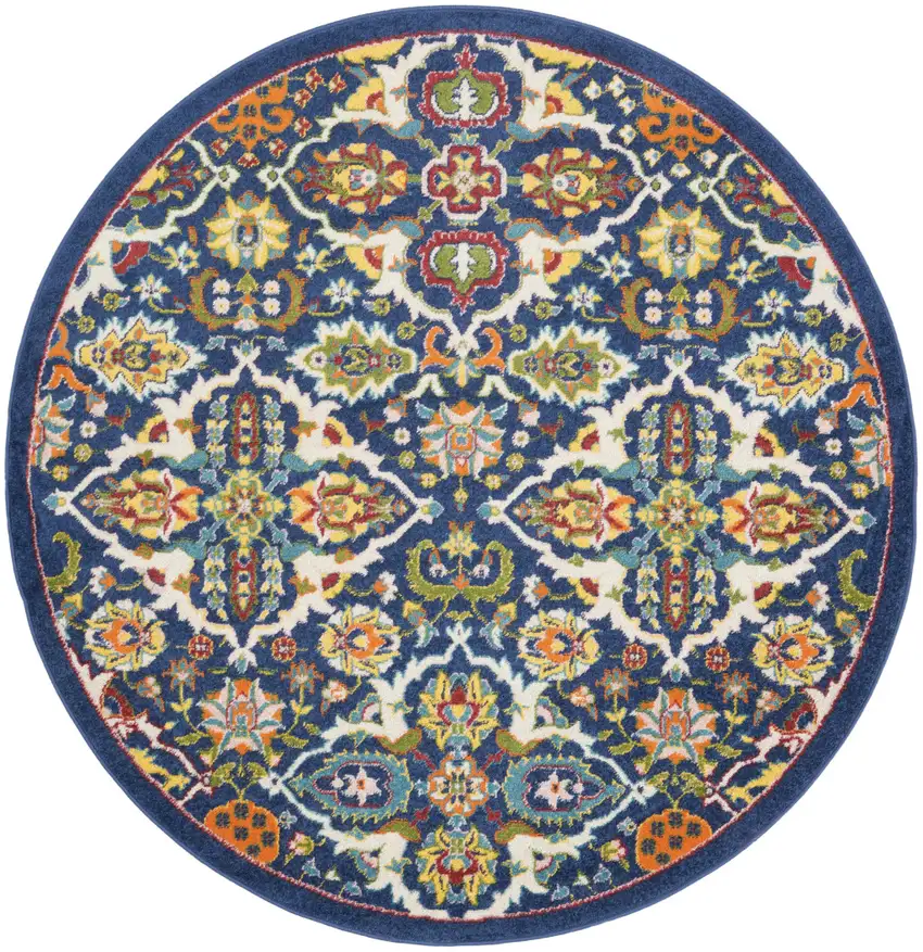 5' Blue Round Floral Power Loom Area Rug Photo 2