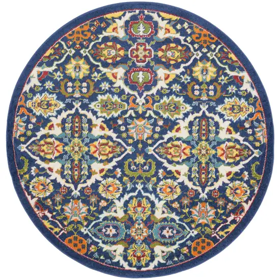 5' Blue Round Floral Power Loom Area Rug Photo 1