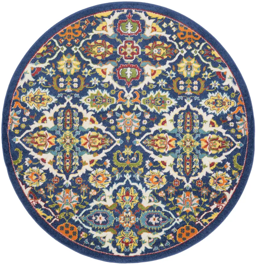 5' Blue Round Floral Power Loom Area Rug Photo 1