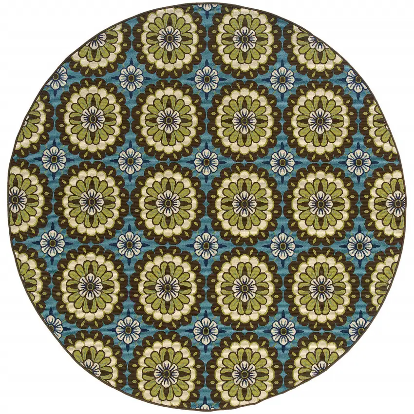 8' Blue Round Floral Stain Resistant Indoor Outdoor Area Rug Photo 2