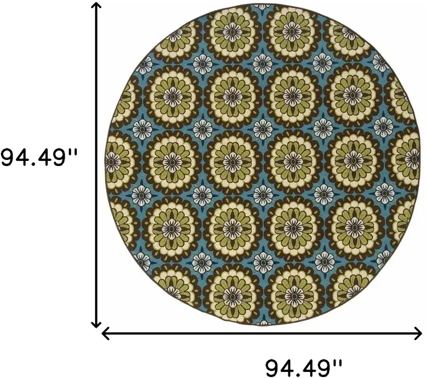 8' Blue Round Floral Stain Resistant Indoor Outdoor Area Rug Photo 4