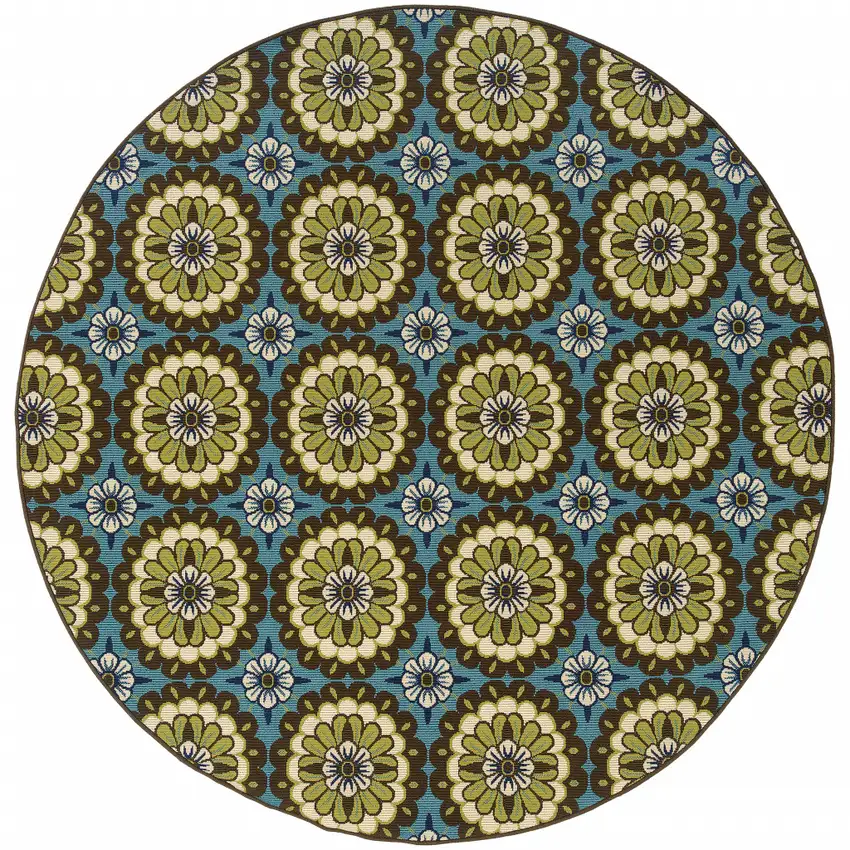 8' Blue Round Floral Stain Resistant Indoor Outdoor Area Rug Photo 1