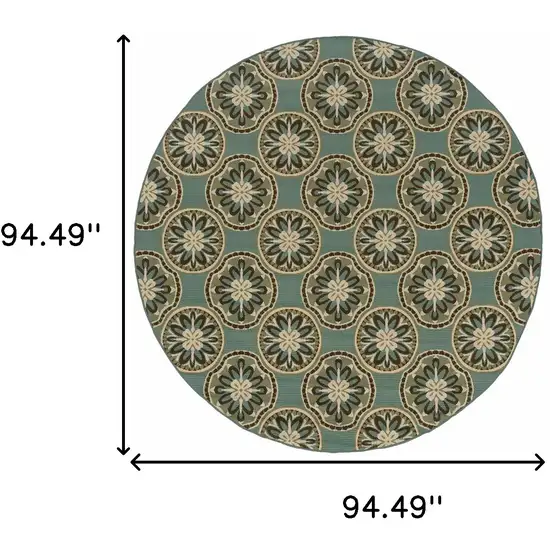 8' Blue Round Floral Stain Resistant Indoor Outdoor Area Rug Photo 4