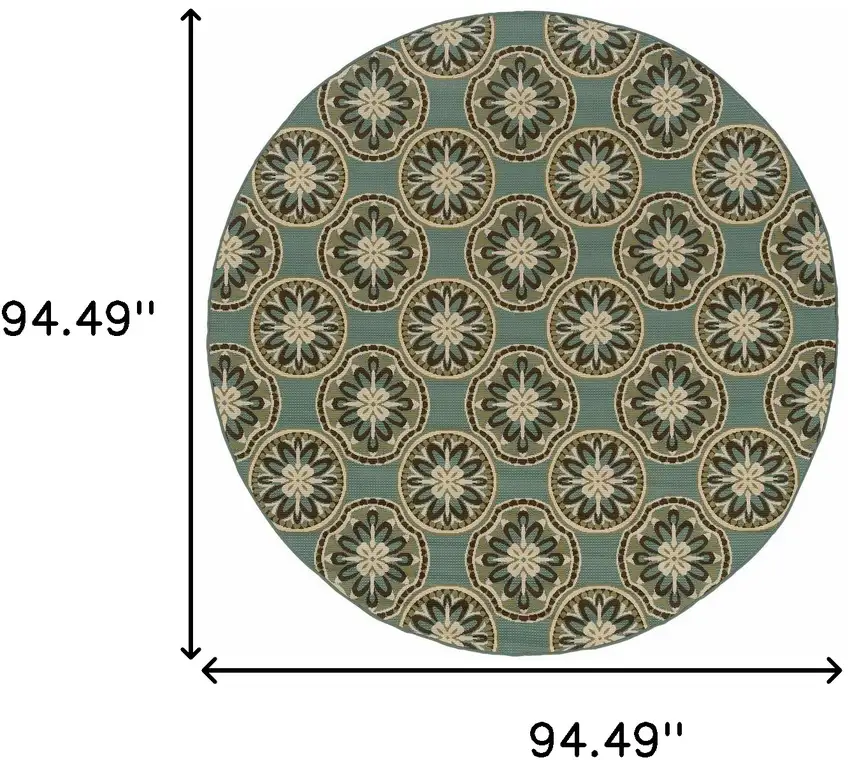 8' Blue Round Floral Stain Resistant Indoor Outdoor Area Rug Photo 4