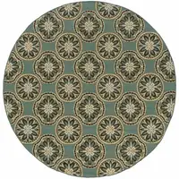 Photo of 8' Blue Round Floral Stain Resistant Indoor Outdoor Area Rug
