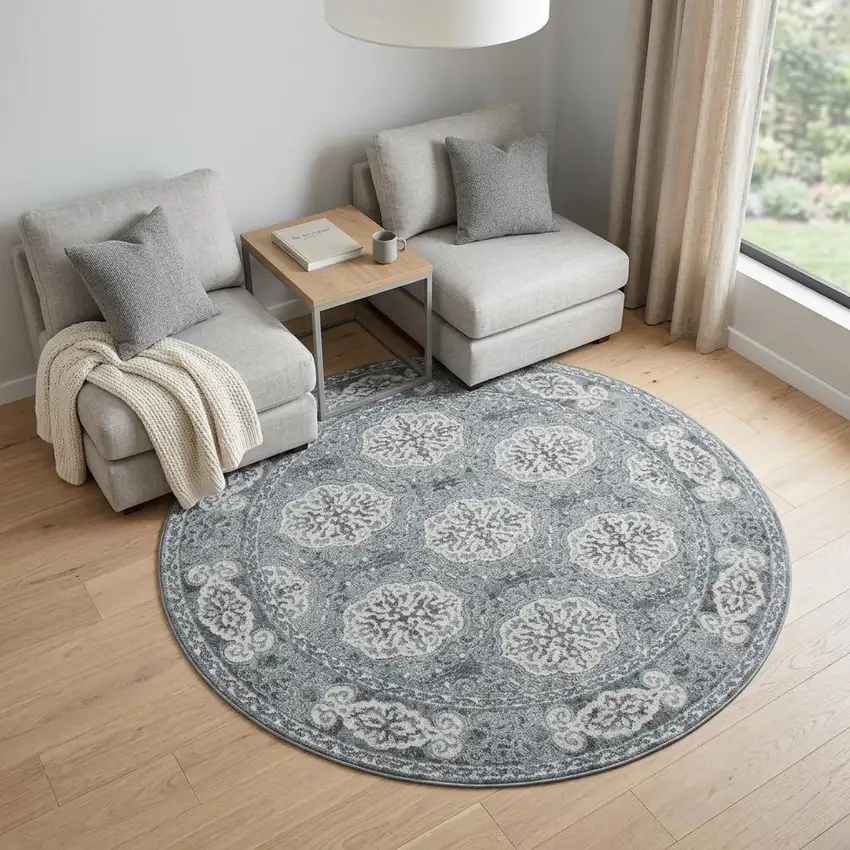 6' Charcoal And Ivory Medallion Round Rug Photo 1