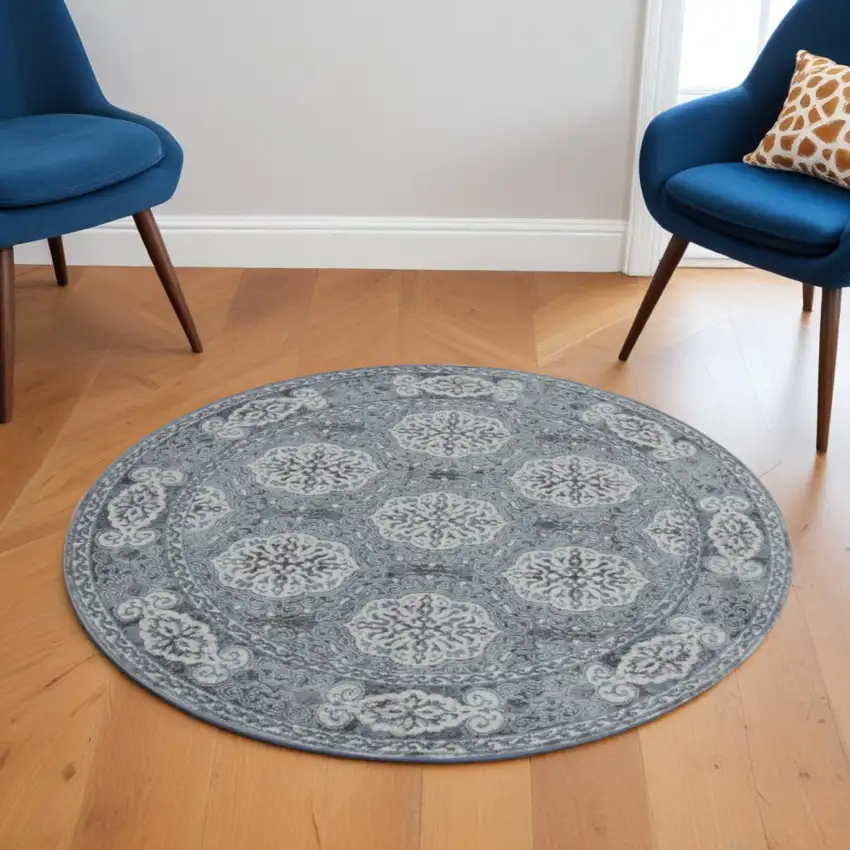 6' Charcoal and Ivory Medallion Power Loom Round Rug Photo 1