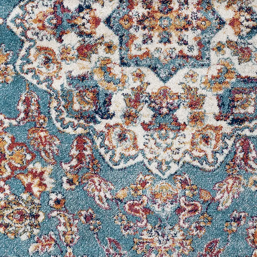6' Ivory Blue and Orange Medallion Power Loom Round Rug Photo 4